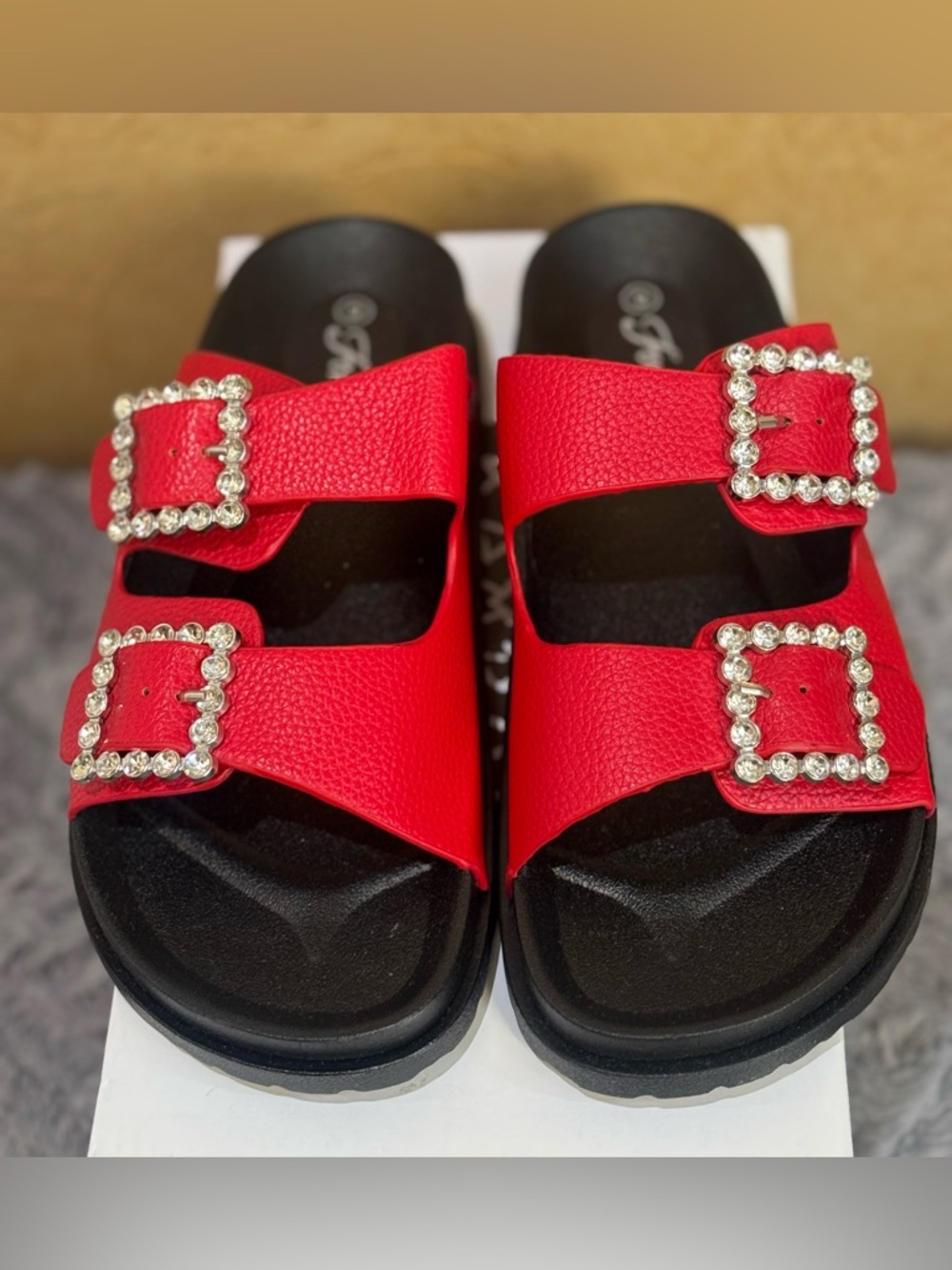Red Embellished Buckle Slide Sandals